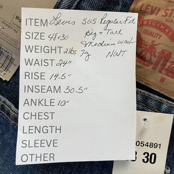 Levi’s 505 REGULAR FIT Jeans Big & Tall 48X30 Blue Medium Wash 100% Cotton NEW - Picture 8 of 8